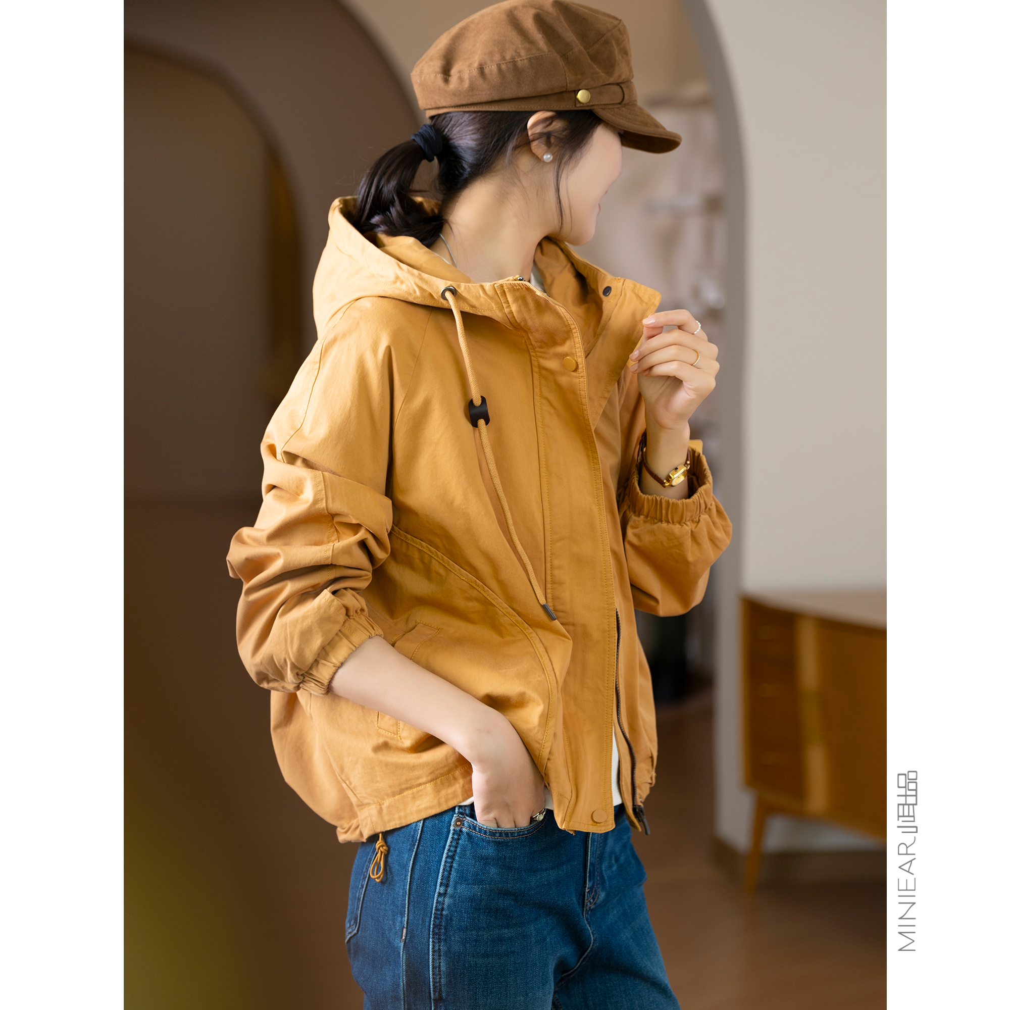 全棉廓形常规连帽拉链外套纯色女