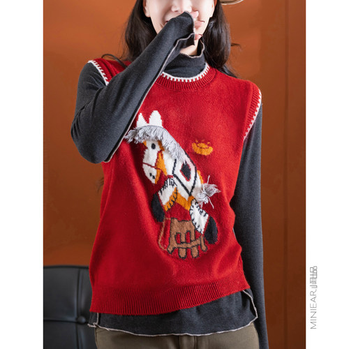 精致小马提花设计针织马甲上衣