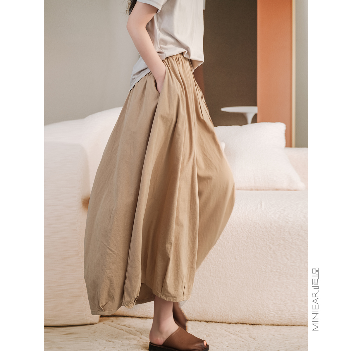 松紧腰小耳出品风琴褶阔腿裤