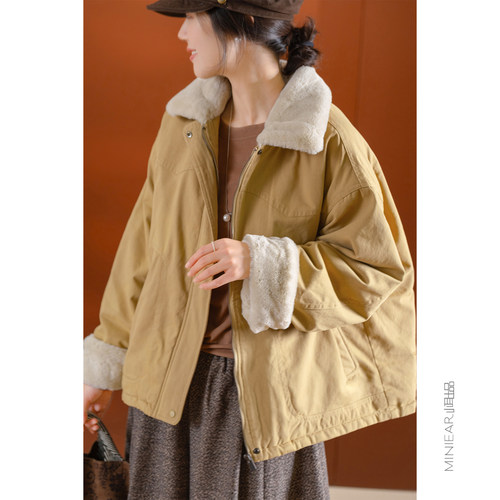 小耳出品100%棉翻领加绒拉链夹克