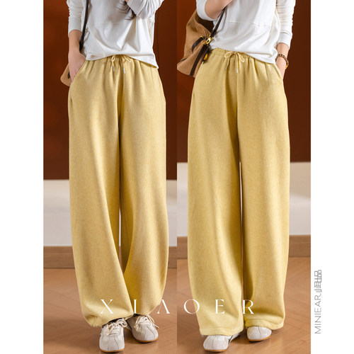 小耳出品人棉混纺松紧腰直筒裤