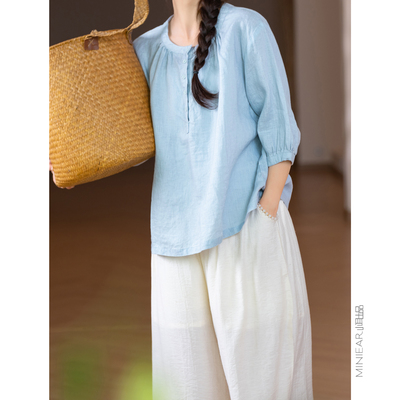 小耳出品亚麻半扣圆领短袖上衣