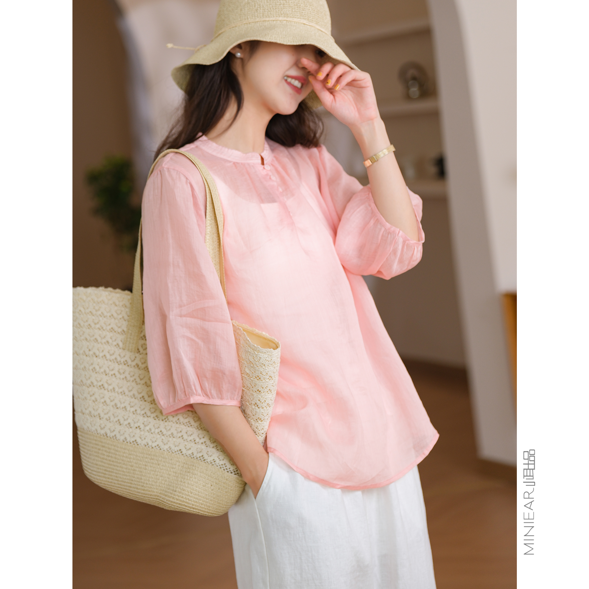 五粒扣100支全苎麻小衫宽松减龄