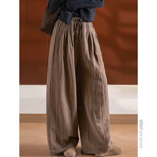 亚麻棉裤 加厚 肌理皱 腰部捏褶 女 小耳出品 松紧腰大脚裤 夹棉