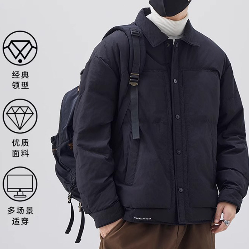 冬季时尚衬衫领羽绒服男短款轻薄保暖工装风新款翻领鸭绒黑色外套