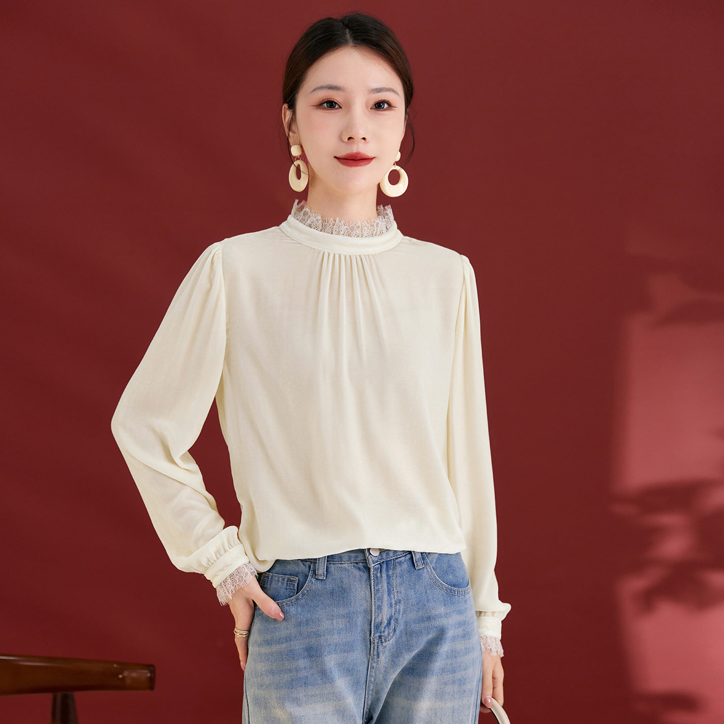 真丝丝绒春夏季新款法式气质立领褶皱时尚花边套头长袖上衣女包邮