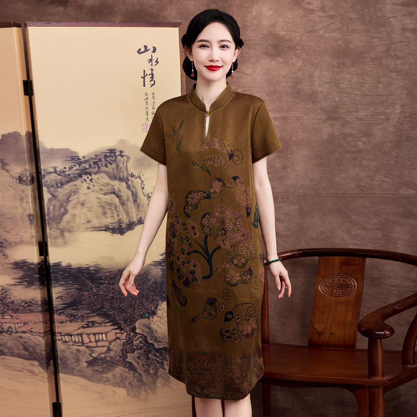 花萝香云纱真丝中年妈妈夏连衣裙高贵阔太太女式气质短袖桑蚕丝裙