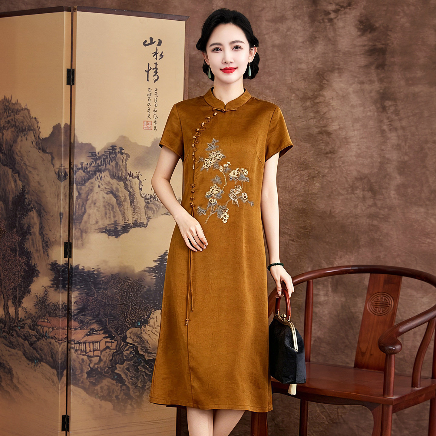 桑蚕丝旗袍连衣裙立领印花婆婆真丝婚宴礼服裙花萝香云纱裙子