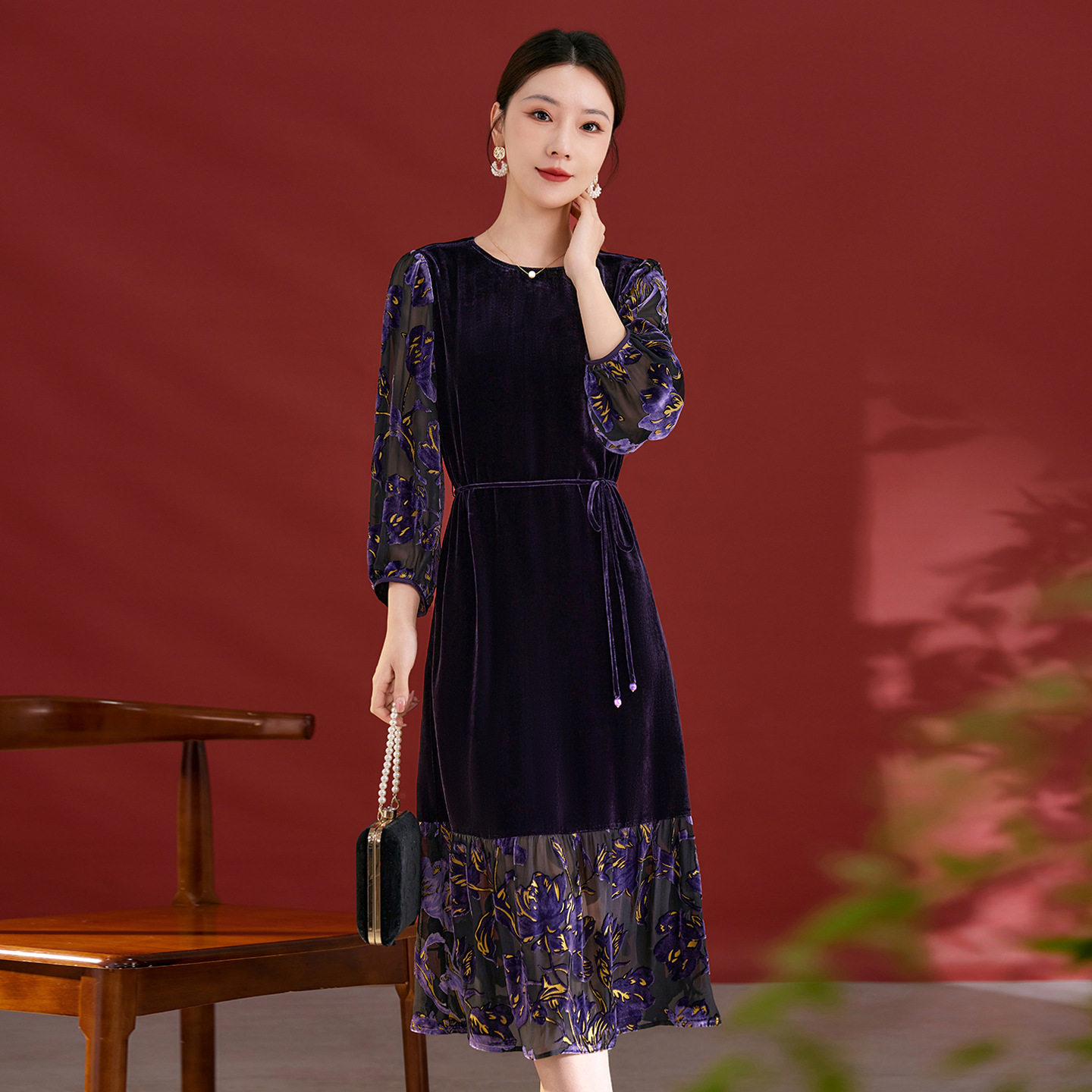 水墨佳人秋冬新款优雅法式复古宽松中长款连衣裙女气质国风款