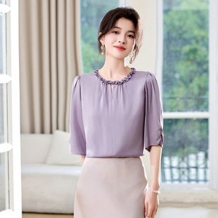 女夏季 法式 真絲襯衫 2025夏新款 七分袖 氣質(zhì)顯瘦上衣女士桑蠶絲