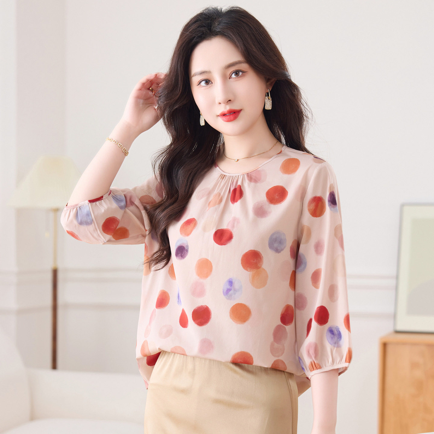高奢感彩色波点真丝上衣女夏季圆领宽松七分袖小众气质桑蚕丝衬衣