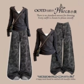 高级感韩系假两件连帽长袖 上衣女春学院风高腰迷彩两件套牛仔套装