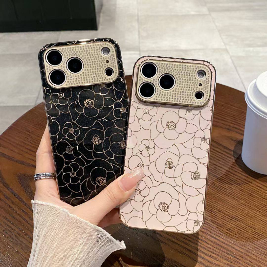 适用于苹果17promax手机壳新款iphone16pro高级感15pro全包14pro保护套13promax防摔钻框山茶花