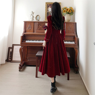 丝绒裙胖新款季长袖连衣裙大码新娘结婚订婚红色晚礼服裙子