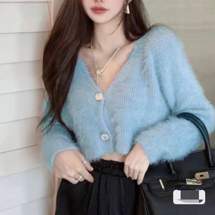 毛绒毛衣女装日系领短款修身小开衫外套春秋新款针织衫上衣
