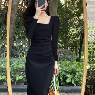 秋季新款法式赫本风感修身显瘦气质女神范开叉中长连衣裙