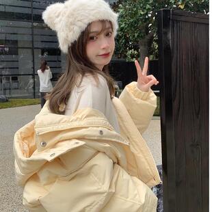 连帽服女年新款短款小个子面包服奶黄色韩版宽松冬季外套