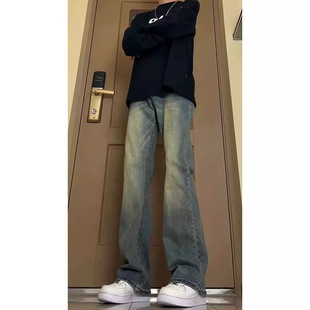 复古蓝牛仔裤男款夏季高个子微喇叭裤垂坠感直筒黄泥美式裤子