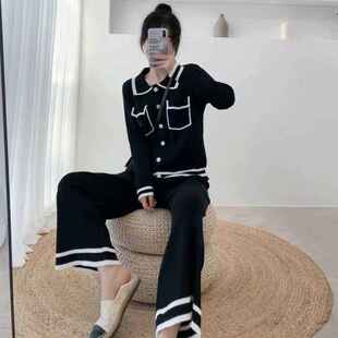 春秋新款网红两件套休闲时尚针织高腰阔腿裤元气少女套装女