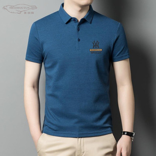 夏季新款印花衫男士翻领中青年冰丝男装中青年男半袖短袖上衣