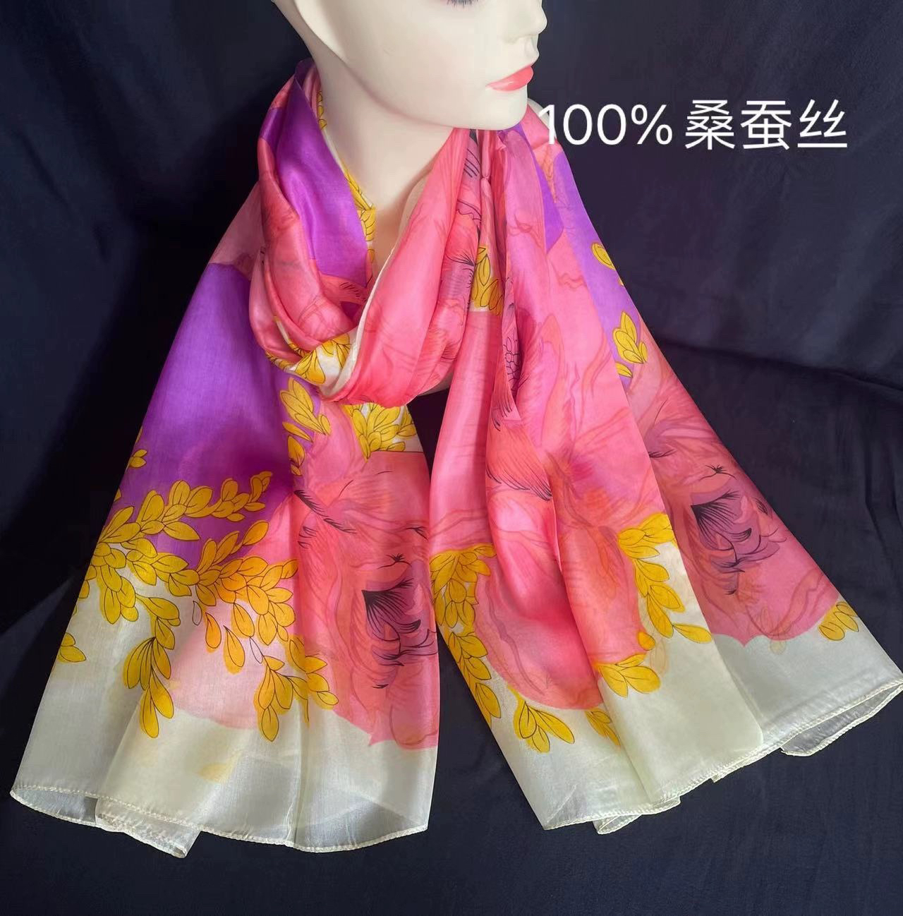 印花真丝丝巾女春秋季防晒沙滩巾大披肩桑蚕丝纱巾薄款超大围巾