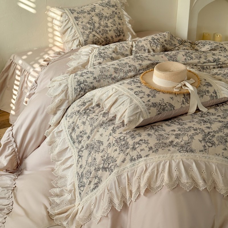 南法假日新疆长绒棉灯芯绒印花床裙款四件套全棉纯棉床上床单被套,床上用品,床品套件/四件套/多件套,淘宝优惠券,粉丝福利购,淘宝优惠卷