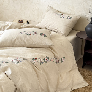 南法假日长绒棉亚麻提花刺绣棉麻四件套全棉纯棉床上用品床单被套