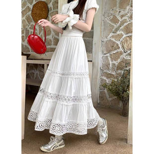 波西米亚钩花镂空拼接垂感半身裙女夏度假风独特a字蛋糕伞裙衬裙