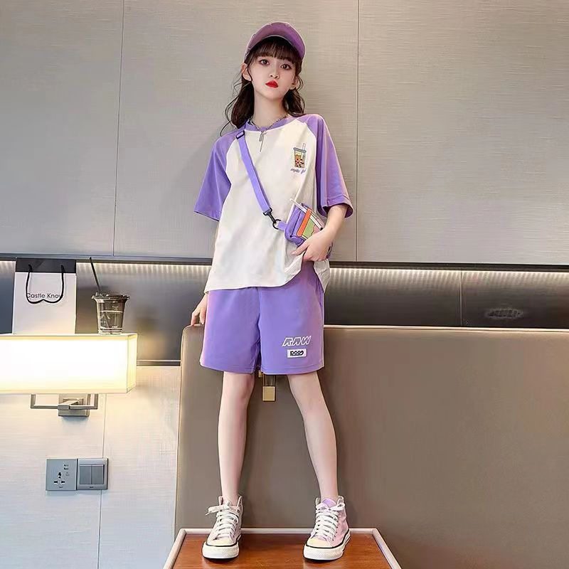 女童夏款套装2025新款休闲洋气时髦女大童夏装五分裤时尚短袖Tt恤