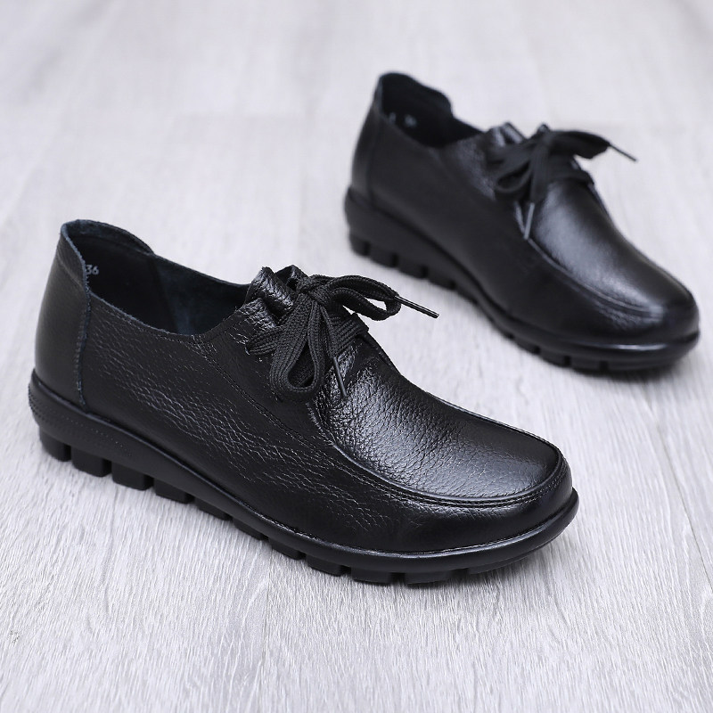头层牛皮女鞋黑色系带单鞋软底软面舒适工作鞋通勤风妈妈鞋防滑