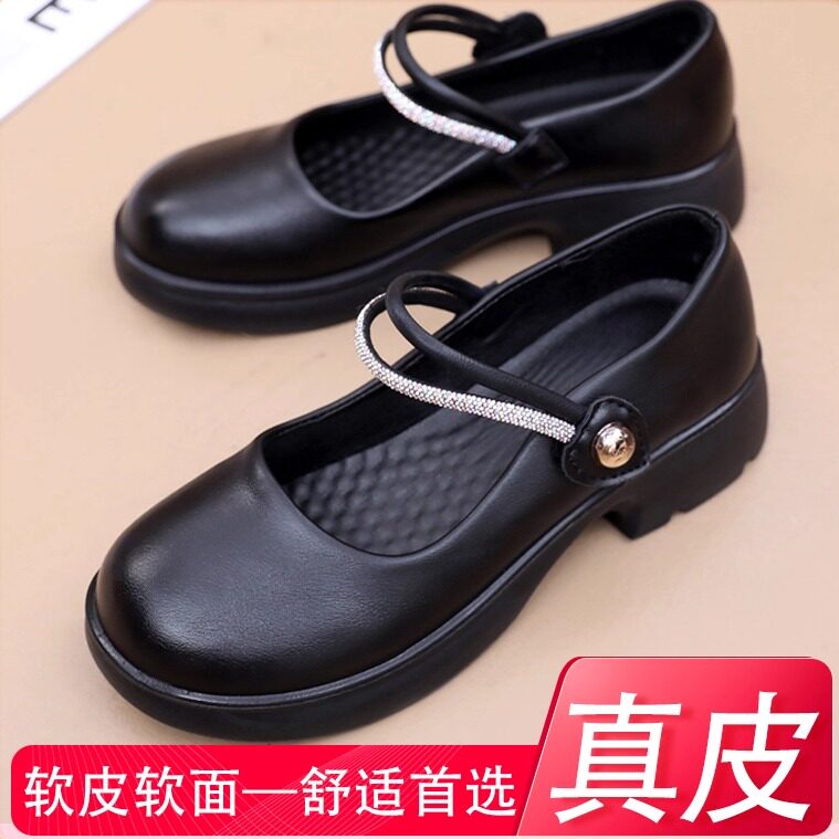 春秋真皮玛丽珍鞋软底软面工作女鞋一字带钻百搭浅口圆头休闲单鞋