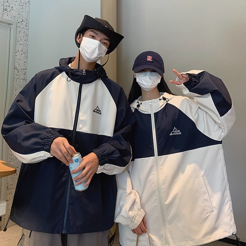 roora情侣装2023秋新款港风大码外套学生撞色冲锋衣夹克男小众潮