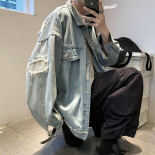 破洞炸街外套高级范男春秋痞帅港风欧美上衣工装牛仔夹克oversize