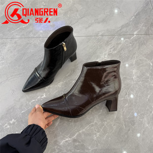 单靴 新款 3515强人女靴子真皮时装 靴女尖头高跟粗跟女短靴2025秋季