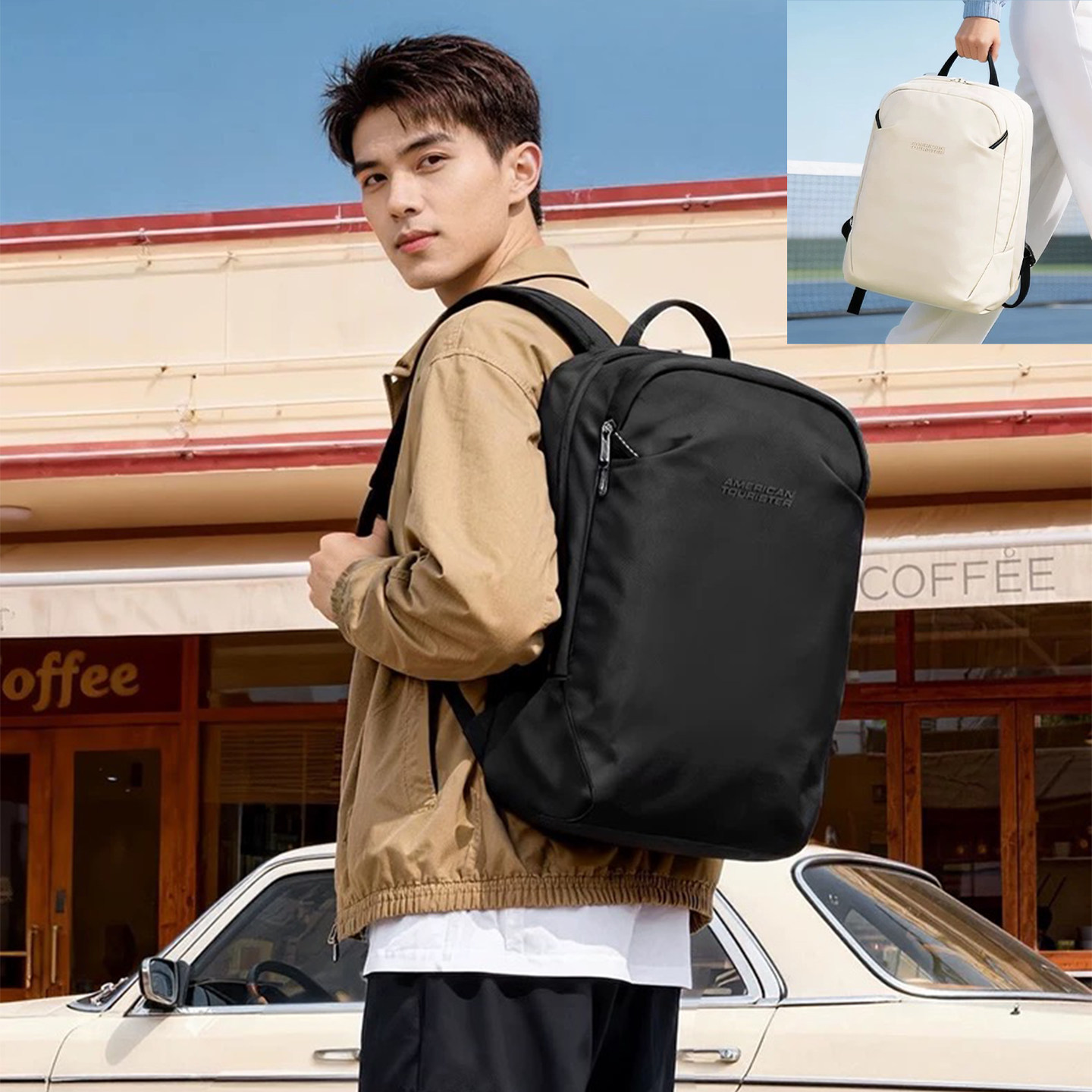 美旅2026新款NB6大容量双肩包男女轻便通勤背包休闲简约黑色米色