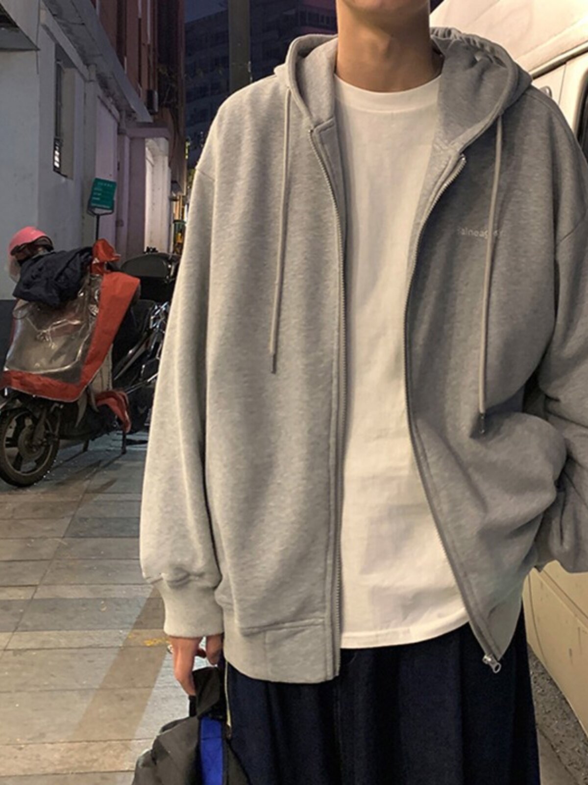 连帽卫衣男春秋潮牌宽松纯色开衫外套灰色百搭休闲港风拉链上衣服