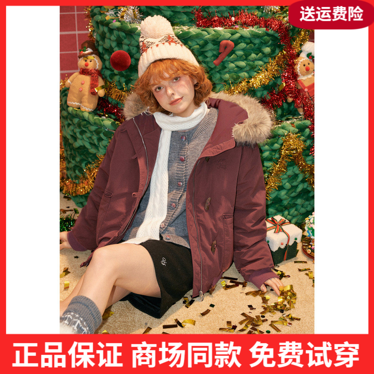 唐狮2026新款冬季女连帽短款棉衣酒红宽松拉链韩版毛领派克服保暖