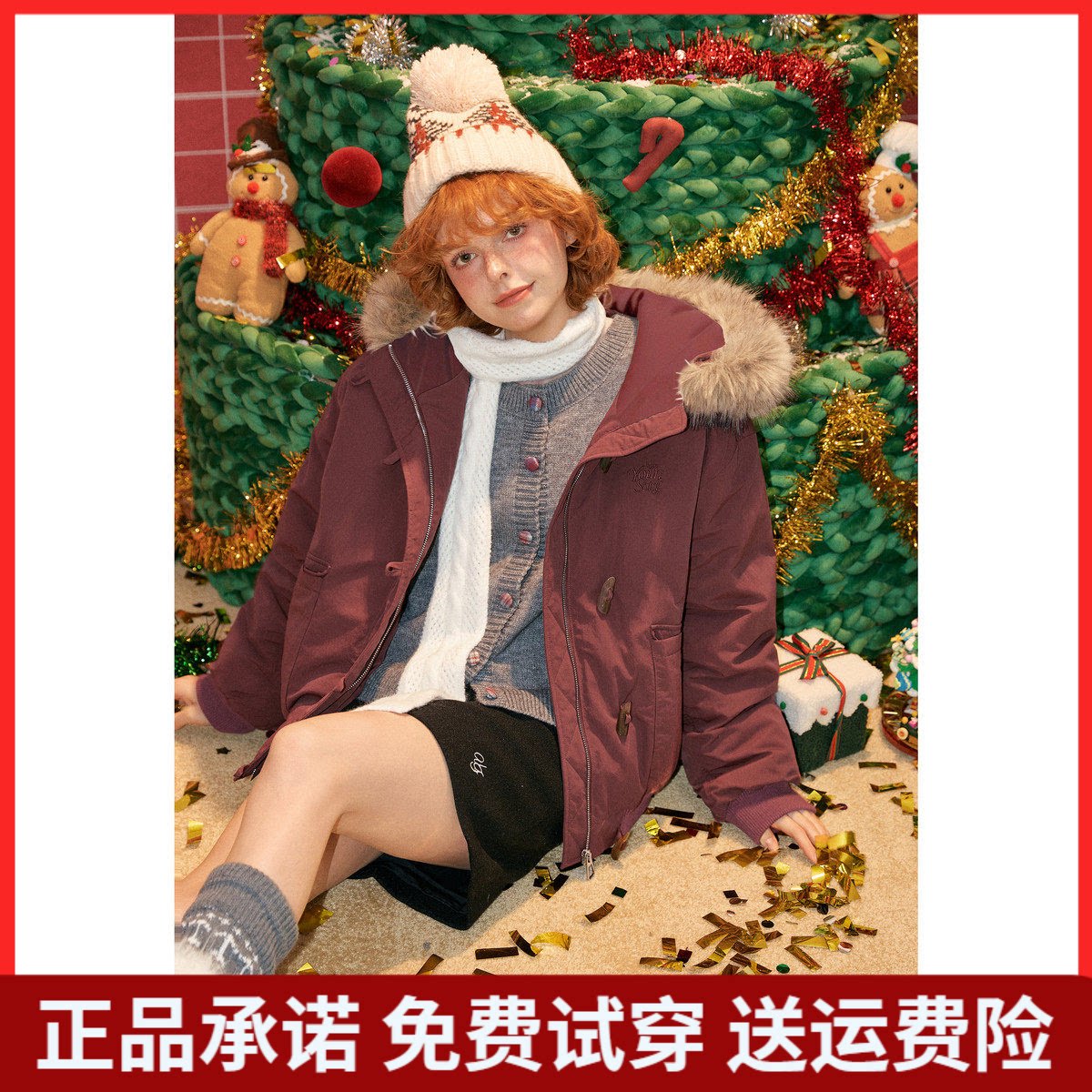 唐狮2026新款冬季女连帽短款棉衣酒红宽松拉链韩版毛领派克服保暖