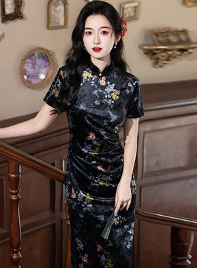 黑色丝绒国风新中式长款改良旗袍2026新款年轻款女高级感礼服夏季