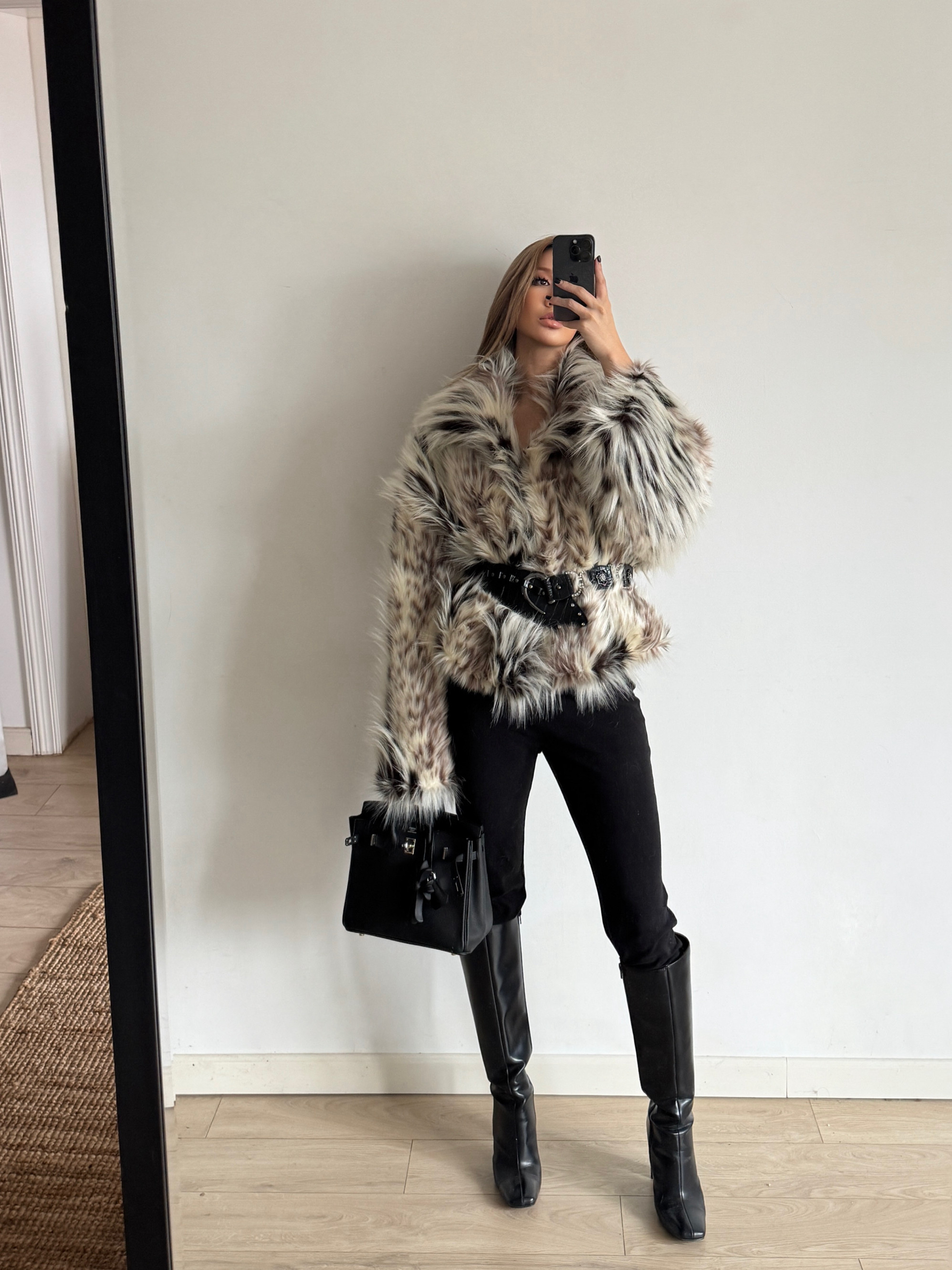 豹纹印花高级环保皮草毛毛大衣