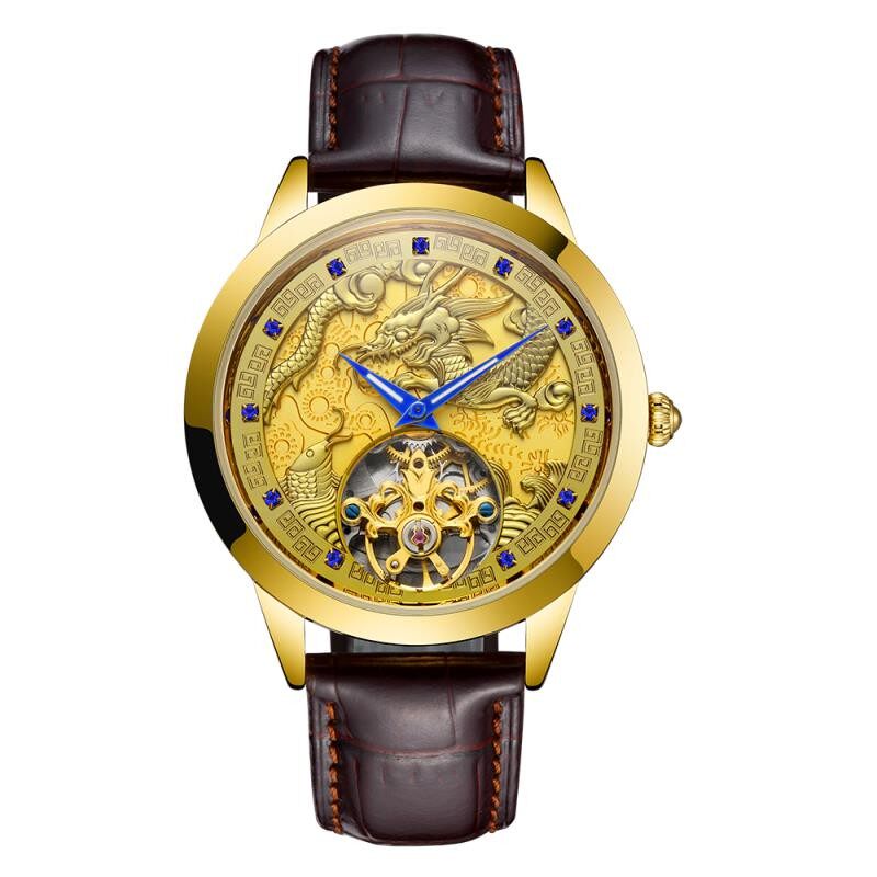 senors正品 全自动陀飞轮机械表金色中国龙 时尚 防水男表