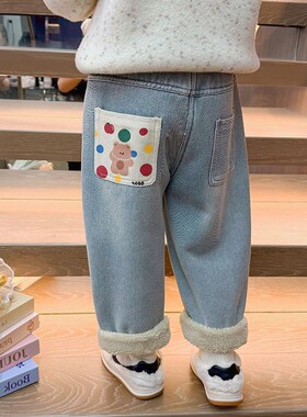 女童加绒牛仔裤2026新款加厚一体仿羊驼绒休闲裤女宝宝冬装保暖裤
