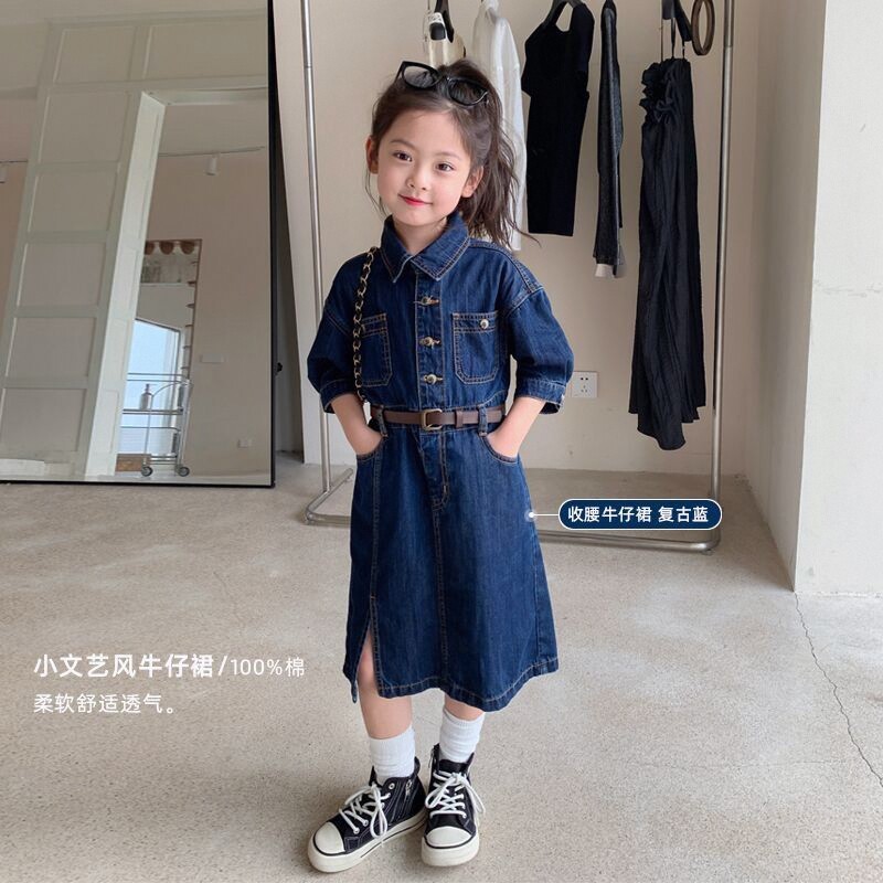 女童连衣裙2026春秋款新款洋气文艺复古蓝色收腰五分袖牛仔连衣裙