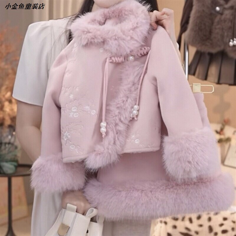 两件套时尚年服新款中式女童冬季2026加绒保暖呢子套装新加厚儿童