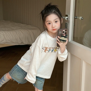 女童童装儿童韩版小狗慵懒卡通印花长袖春秋季T恤上衣时尚开学ins