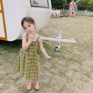 小女孩韩版时尚清凉格子群2026夏季新款女孩吊带开衫裙女童连衣裙