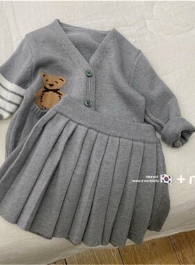 女童春秋季套装2026新款儿童学院风毛衣开衫裙子洋气女宝宝两件套