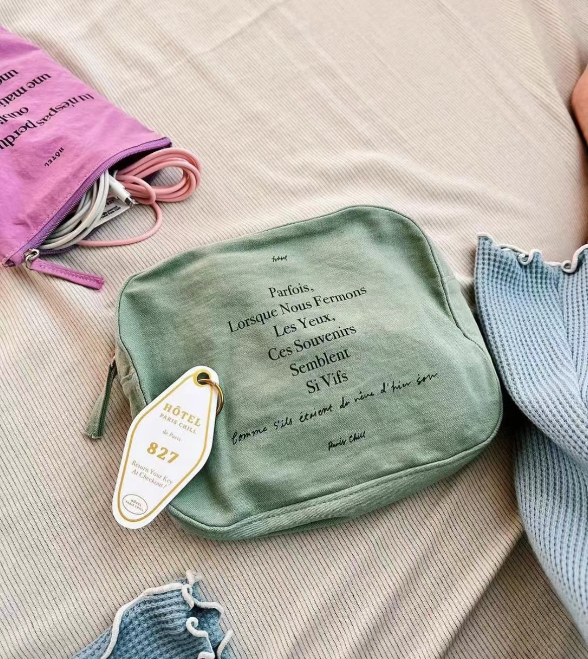 现货 韩免小众Hotel827 法式复古棉麻收纳包大容量 详情页均实拍