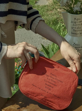 现货 韩免小众Hotel827 法式复古亚麻收纳包大容量 详情页均实拍