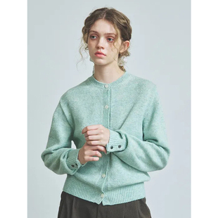 LINHOUSE复古薄荷绿圆领单排扣针织开衫秋通勤休闲毛衣外套上衣女